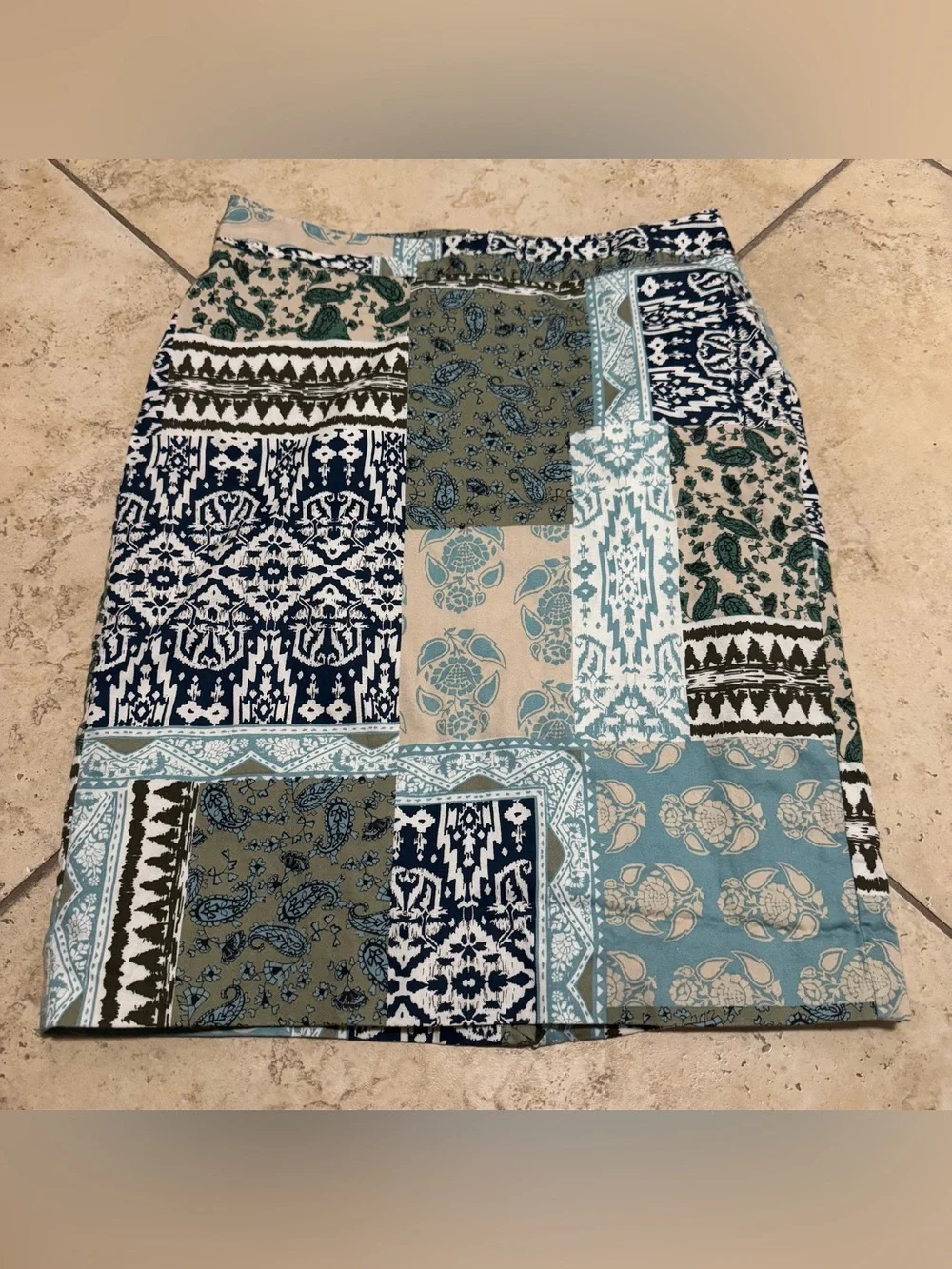 Van Heusen Patchwork Print Pencil Skirt in Navy, Teal, Olive, Cream